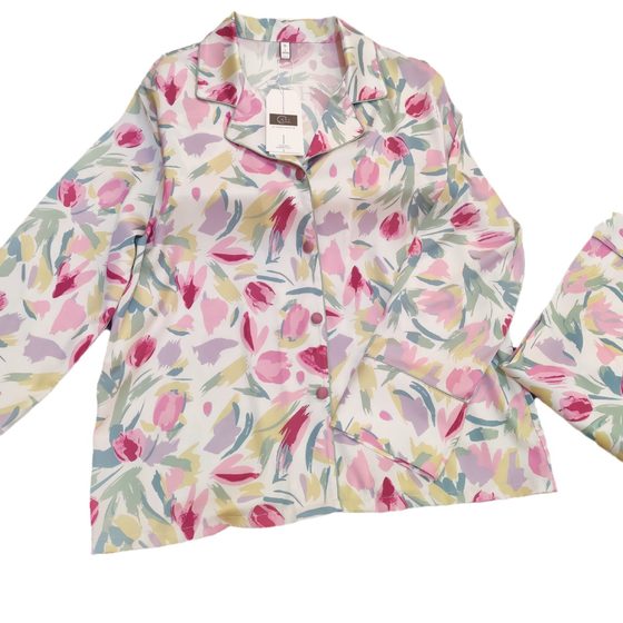 2023 ice silk pajamas women's high-grade thin printed plus size tulip Internet celebrity simulation silk home wear wholesale