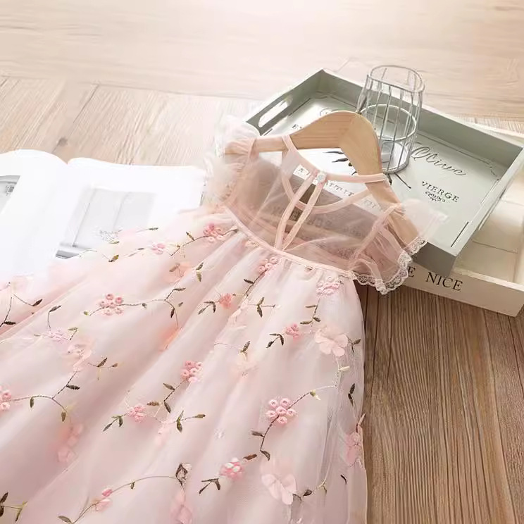 Summer 2024 Children's Three-Dimensional Flower Mesh Dress Korean Style Girl's Baby Vest A- line Princess Dress