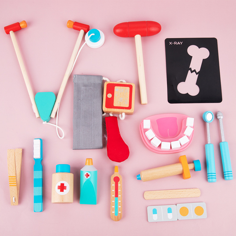 Wooden Children's Doctor Toy Set Girl's Injection Simulation Satchel Medical Bag Home Stethoscope