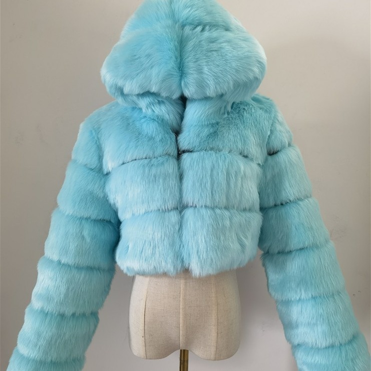 Cross-border European and American fur coat short hooded imitation fur coat imitation fox fur long sleeve stitching women's coat spot