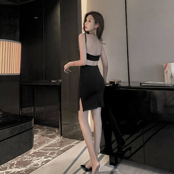 Summer Girl's Nightclub Women's Sexy Backless Skirt Split Sexy Temptation Bed Slip Skirt Small Black Skirt