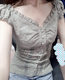2022 Amazon Independent Station New Women's Pleated Shoulder Low Collar Button Folding Lace Tight Top