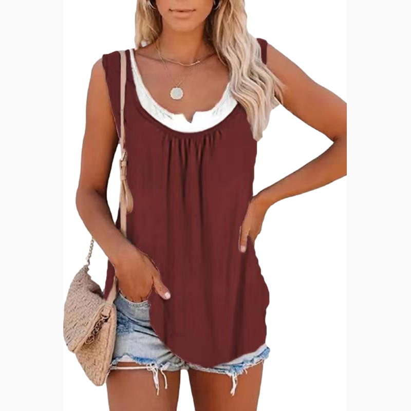 2023 Summer new European and American Amazon women's top solid color stitching sleeveless pleated vest T-shirt