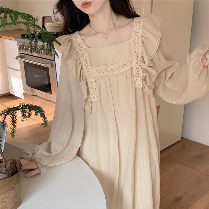 New ins Pajamas Pajamas Women's Spring and Autumn Winter 2023 Palace Japanese Style Sweet Long Solid Color Long Sleeve Home Clothes