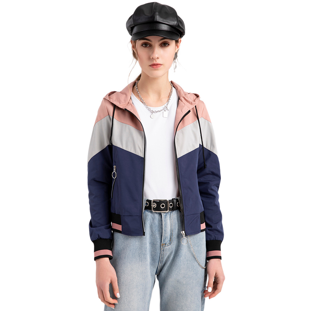 Women's Thin Windbreaker Women's Spring and Autumn Hooded Jacket Women's Outdoor Raincoat Color Matching Pull Rope Jacket_voghion.com