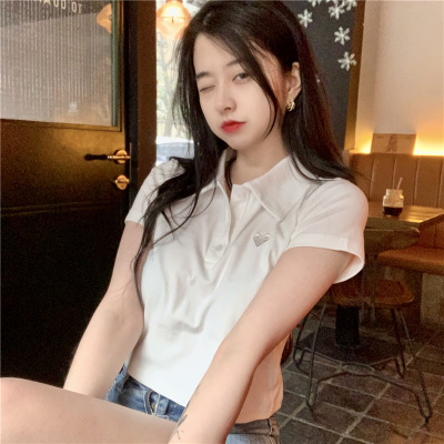 Love embroidered short-sleeved T-shirt for women summer  new Korean style polo collar versatile navel-baring short top trendy ins