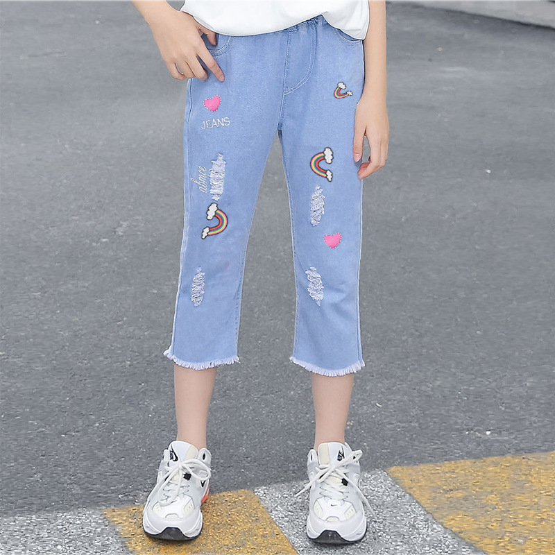 Girls' cropped jeans summer new children's clothing thin loose summer pants summer girls' Western style middle pants