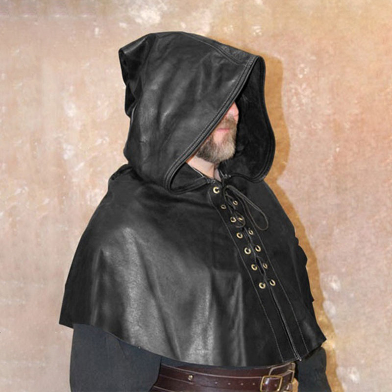 European and American men PU leather hat hunter hooded shawl retro medieval renaissance cape hat witch hat