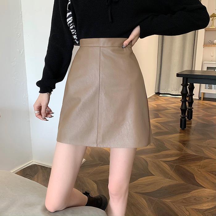 2022 autumn and winter New High waist anti-slip skirt small slim PU leather skirt black A- line hip skirt