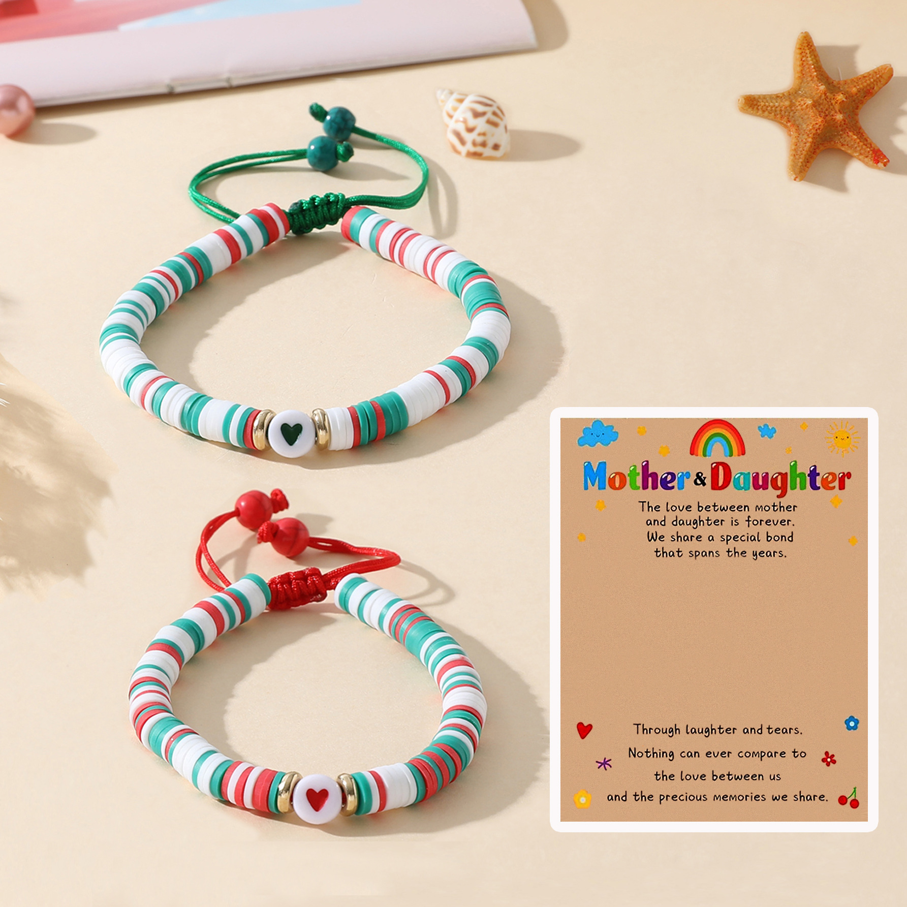 Cross-border Jewelry Temu Hot Mother's Day Bracelet Creative Soft Pottery Beaded Heart-shaped Mother and Daughter Parent-child Hand Rope for Women