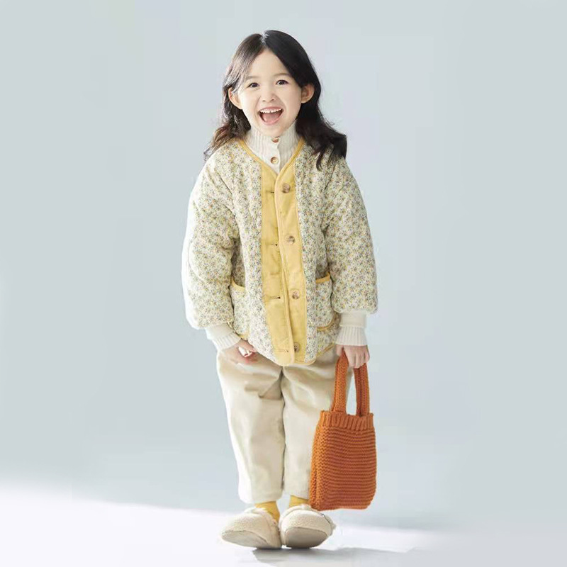 Girls' autumn and winter fleece-lined Korean floral quilted corduroy Western style liner cotton-padded jacket children's ethnic style down cotton-padded jacket