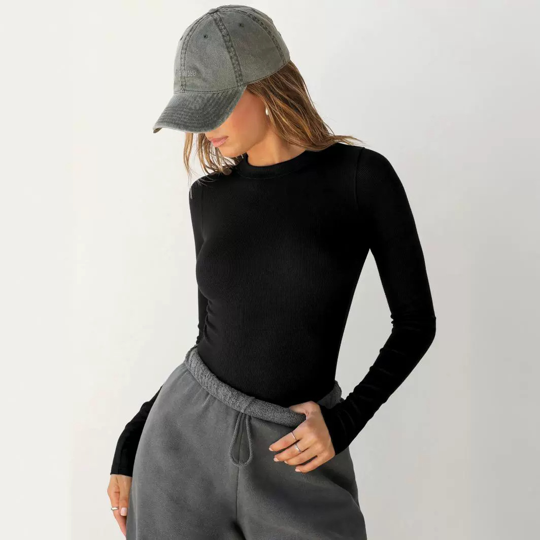 2024 New y2g clothes thread double-layer round neck long-sleeved T-shirt women's outer wear slim-fit shoulder hot girl top pure desire
