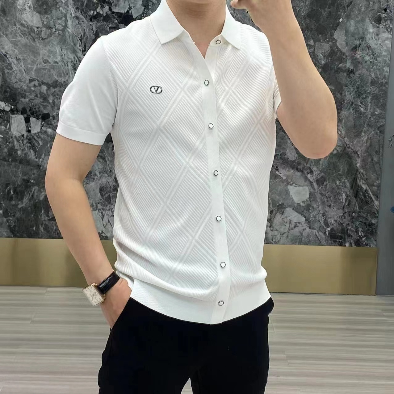 Autumn new men's high-grade light luxury long-sleeved shirt fashion business casual slim fit stitching long-sleeved T-shirt wholesale