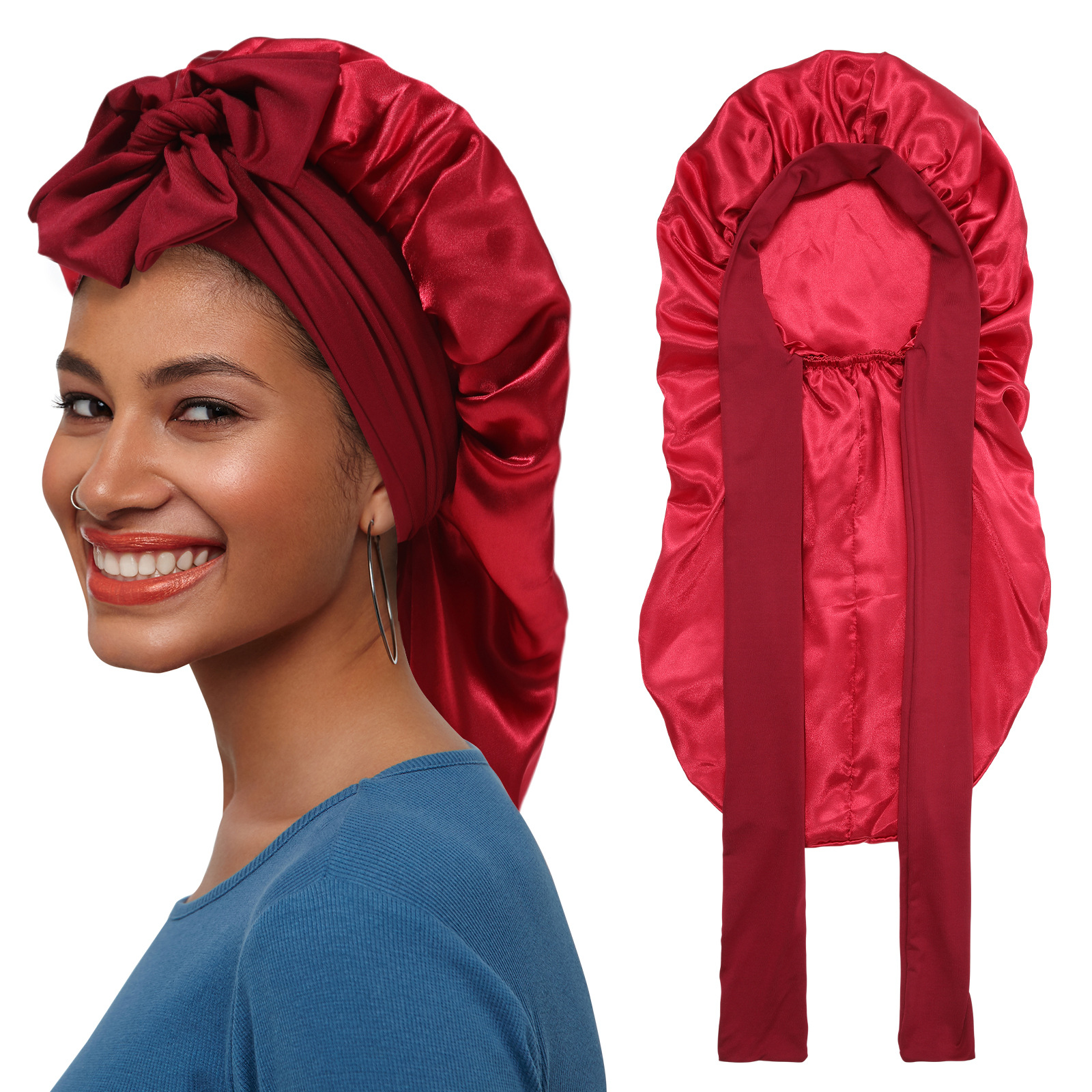 Women's solid color satin long nightcap beauty makeup cap headscarf cap elastic bandage elastic nightcap wide-brimmed shower cap