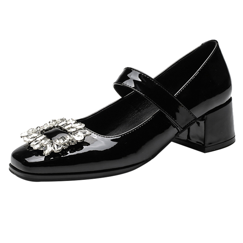 Rhinestone Square Buckle Mary Jane Shoes Women's 2022 Spring and Autumn New Patent Leather Flat Heel Shallow Mouth Sweet Chunky Heel Single-Layer Shoes