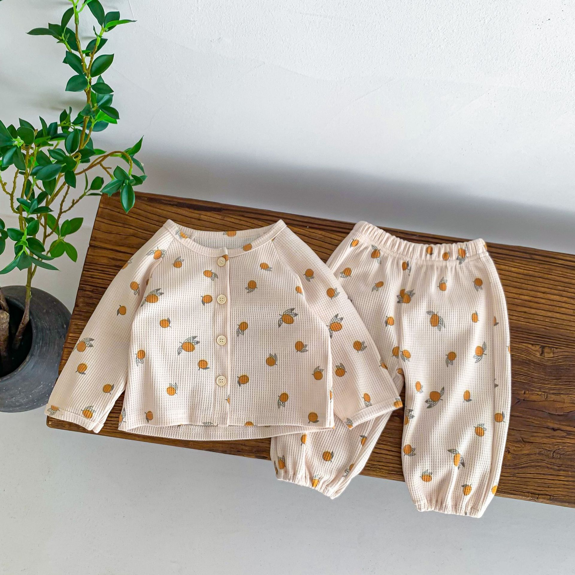 Baby autumn clothes ins South Korea baby home wear internet celebrity long sleeve waffle top pants two-piece suit