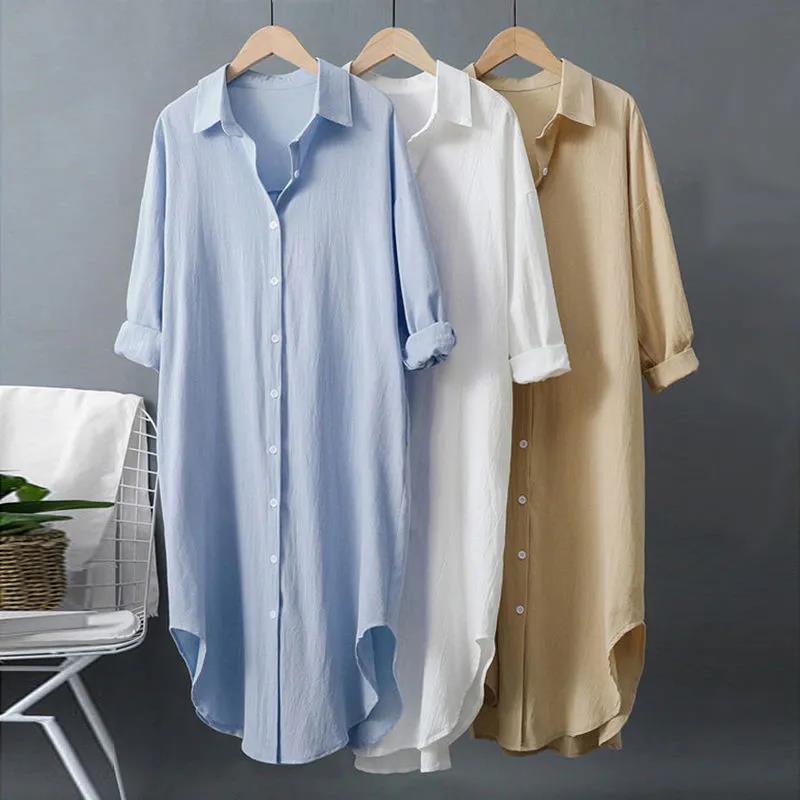 Cotton and linen sun-proof white shirt Women's outer wear 2023 autumn new versatile loose casual top mid-length shirt dress