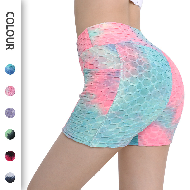 Fitness Shorts Women's European and American Tie-Dye Bubble Jacquard High Waist Hip Lifting Sports Bottoming Women's Pocket Yoga Shorts
