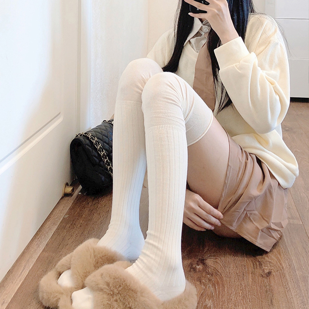 Milk White Stockings jk High Stockings Black Thigh Stockings Vertical Pattern Stitching Over-the-knee Socks Women's Mid-barrel Stacked Socks Trend