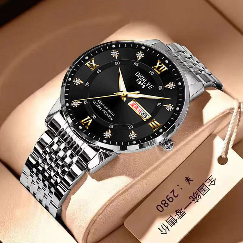 Classic Fashion ultra-thin luminous double calendar steel belt men's watch waterproof diamond nine beads with solid watch