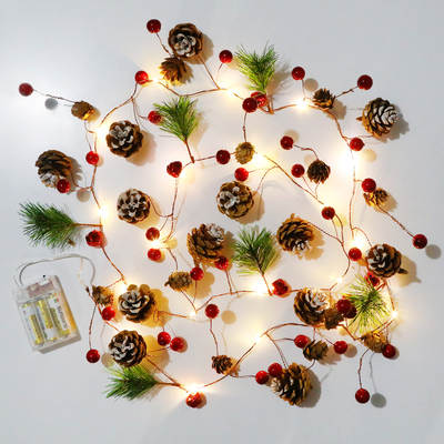 Cross-border New LED Copper Wire Light String Red Cone Pine Cone Pine Needle Christmas Rattan Crafts Holiday Garden Decorative Light