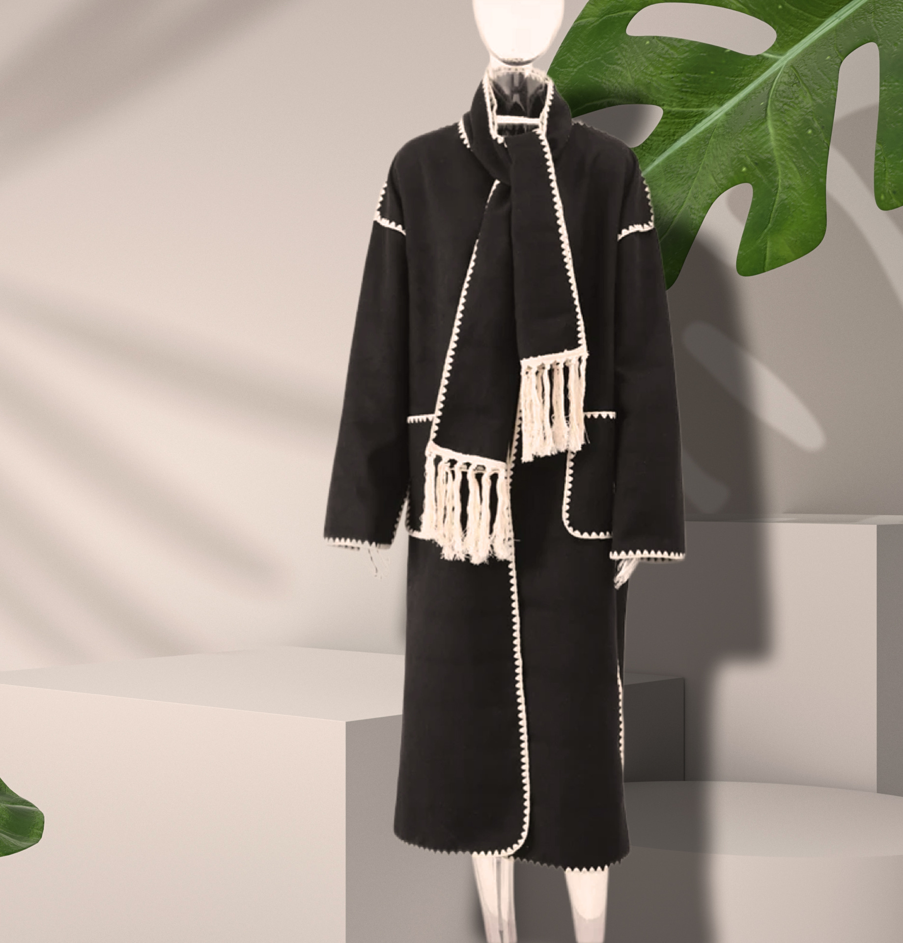 European and American women's clothing 2023 autumn and winter new fashion woolen coat scarf tassel lace long coat_voghion.com