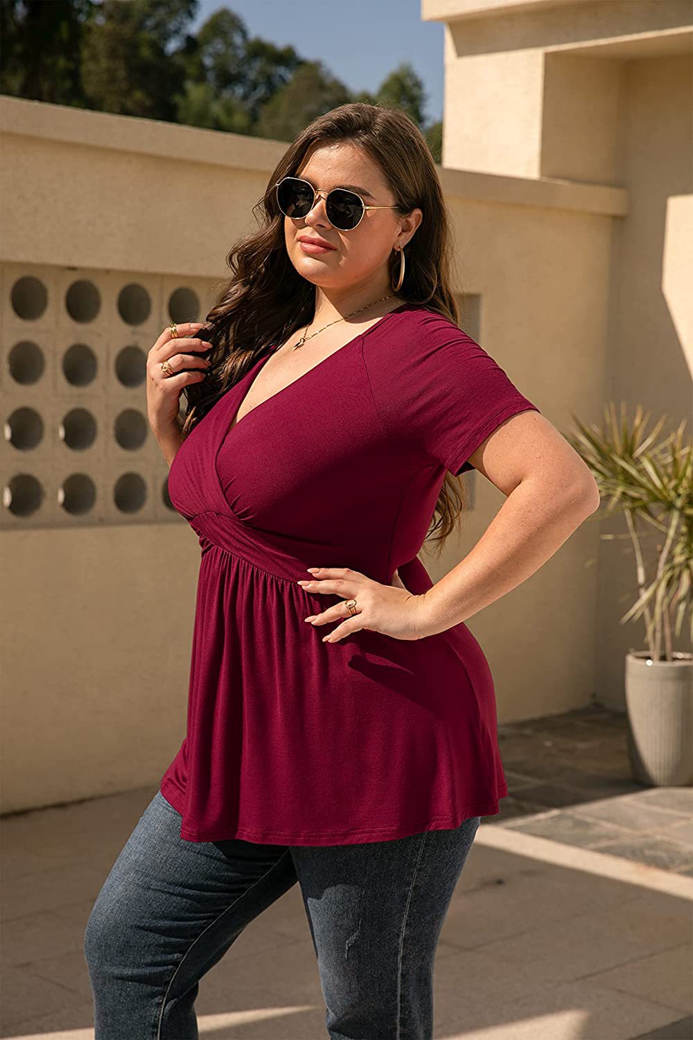 Spring and Summer 2023 New Cross-border Amazon Independent Station Explosions Women's Large Size T-Shirt V-Neck Top Foreign Trade Women's Wear