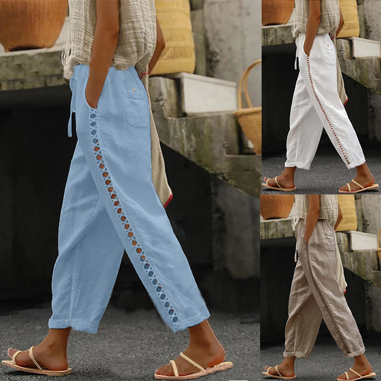 Cross-border 2024 spring and summer Europe and the United States Amazon wish foreign trade new leisure lace hollow stitching pants women