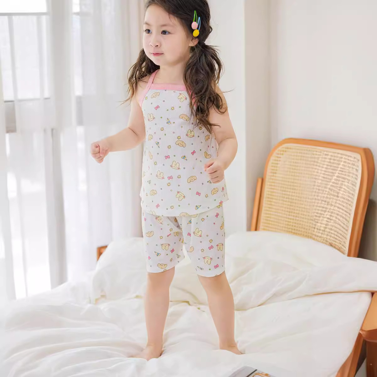 Children's New Ice Silk Vest Shorts suit Girls Going Out Cool Sling suit Baby Home Clothes Air-conditioning Clothes