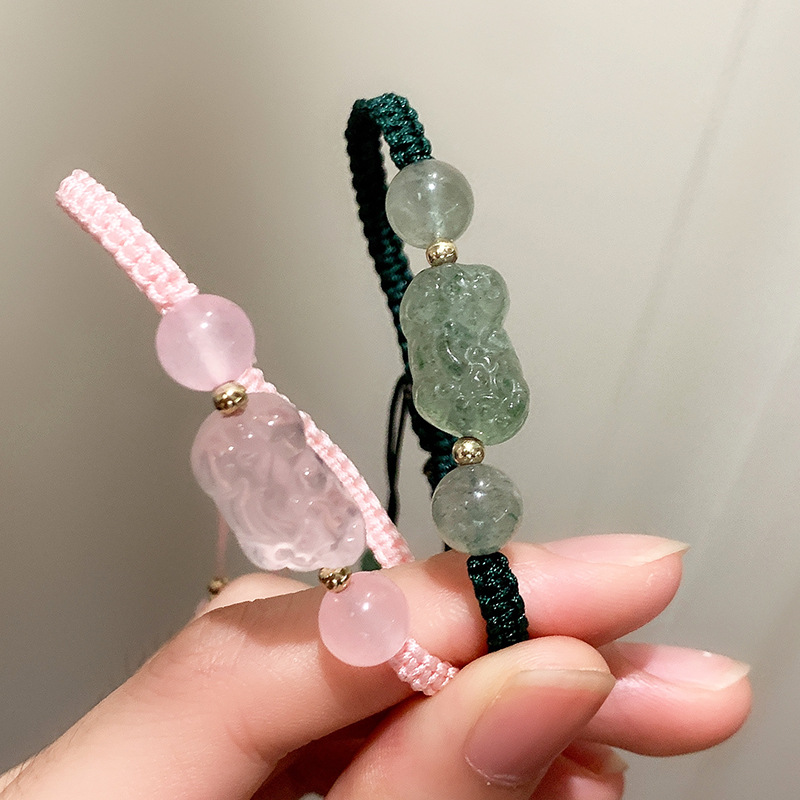 粉水晶綠草莓晶貔貅手鍊手工編織手繩本命年閨蜜手鍊情侶飾品批發