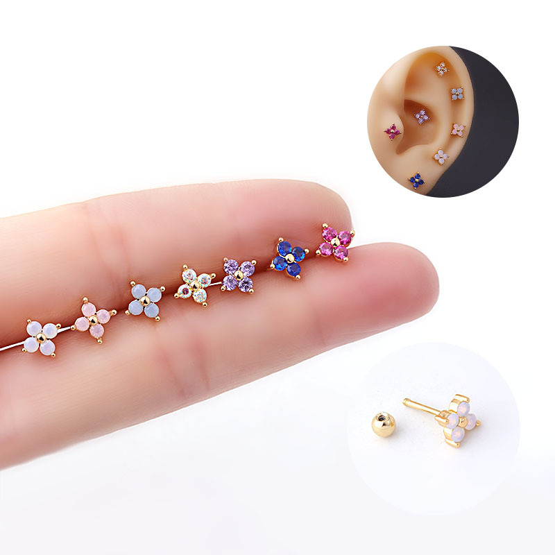 Titanium steel thin rod protein color zircon ear bone nail fashion Korean screw ball earring mini earring single