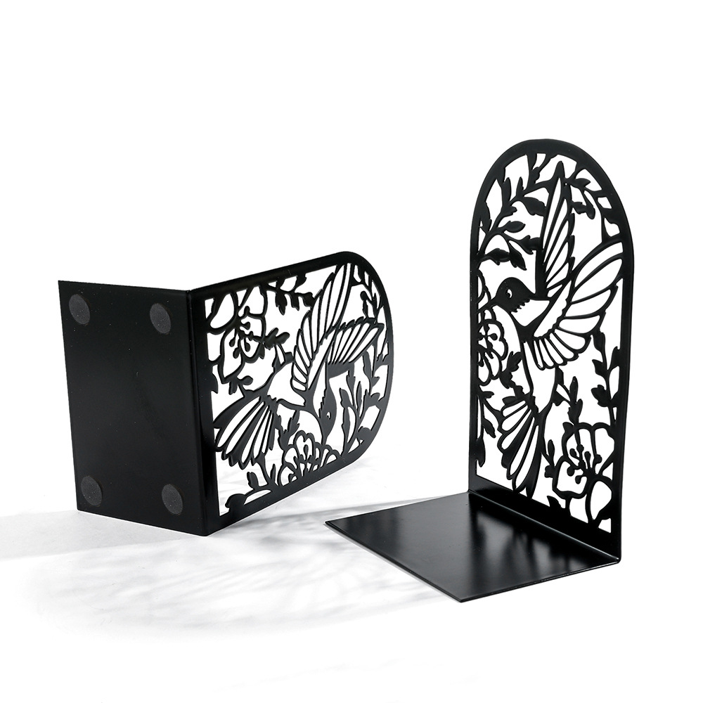 Amazon new creative metal cutting silhouette hummingbird bookend bookshelf book holder wholesale desktop decoration