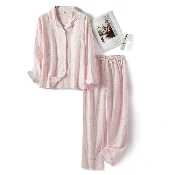 Men's and women's cotton double-layer gauze simple printed long-sleeved trousers pajamas home wear suit cross-border wholesale
