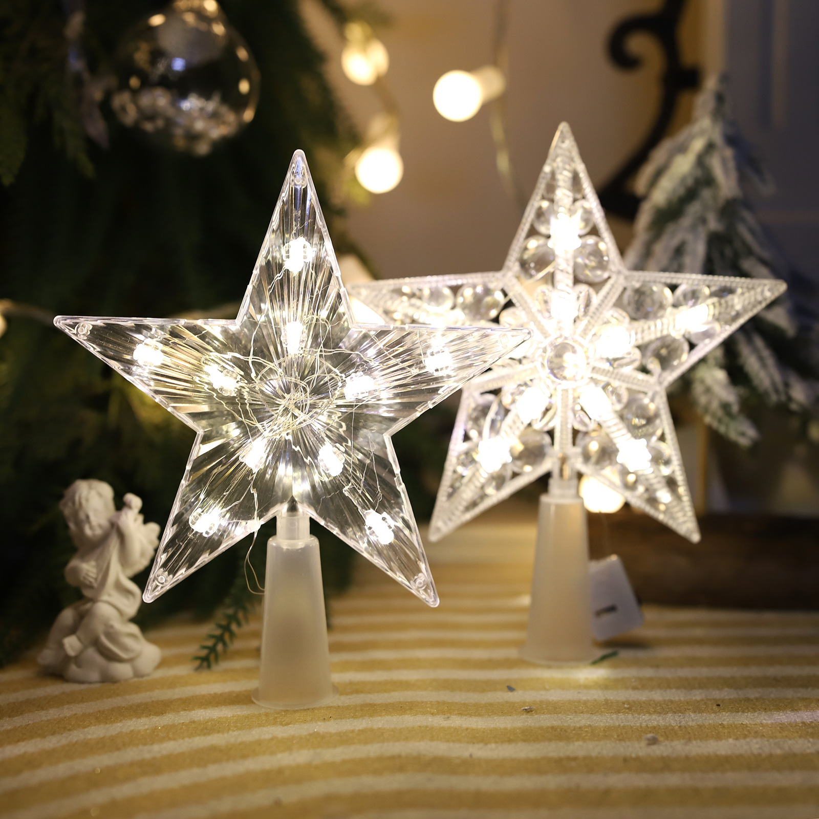 Christmas New luminous tree top star Christmas tree decoration supplies cross-border for Christmas transparent five-pointed star with light