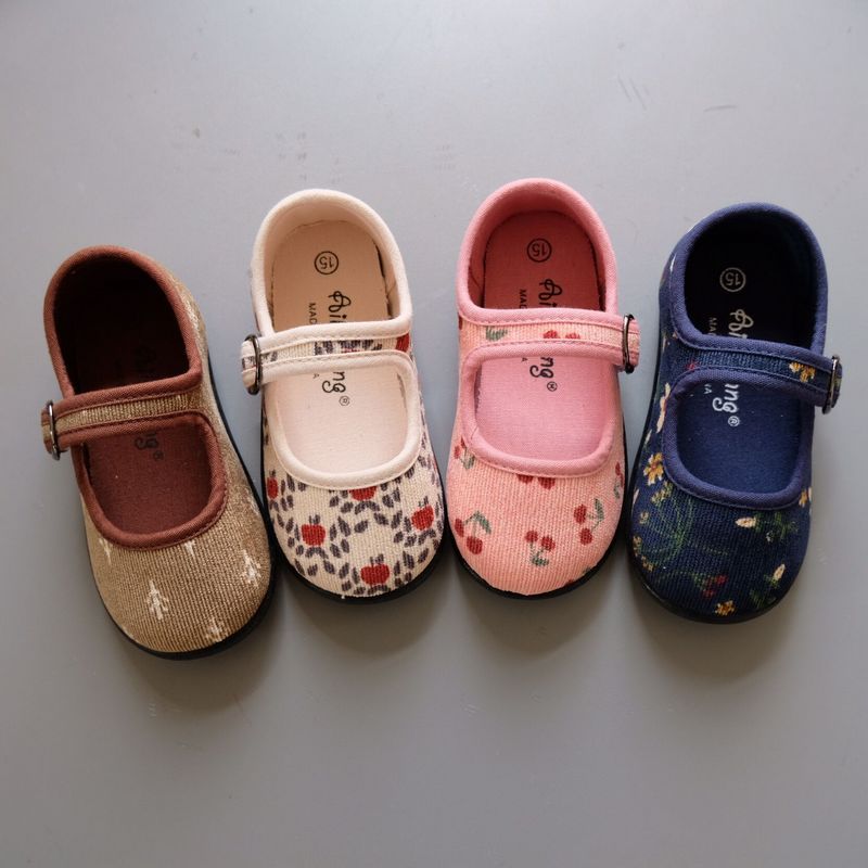 Autumn New South Korea corduroy floral children's canvas shoes Mori princess girl single-layer shoes kindergarten soft bottom