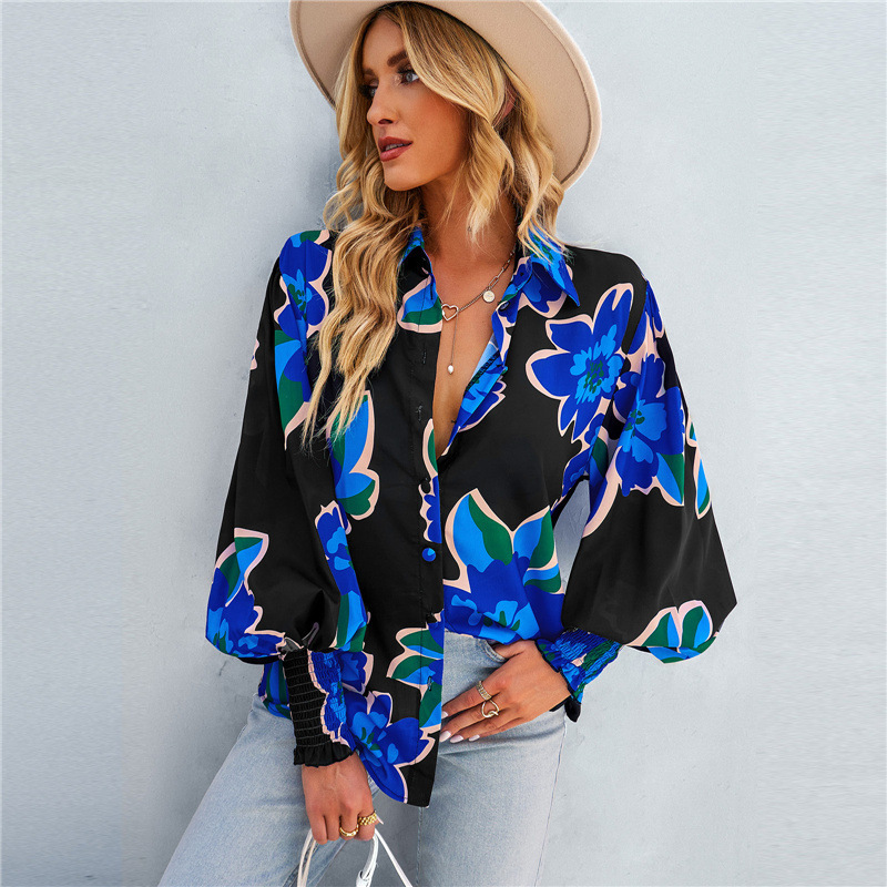 European and American Explosions 2023eBay Amazon Spring Long Sleeve Joker Top Fashion Lantern Sleeve Printed Women's Shirt