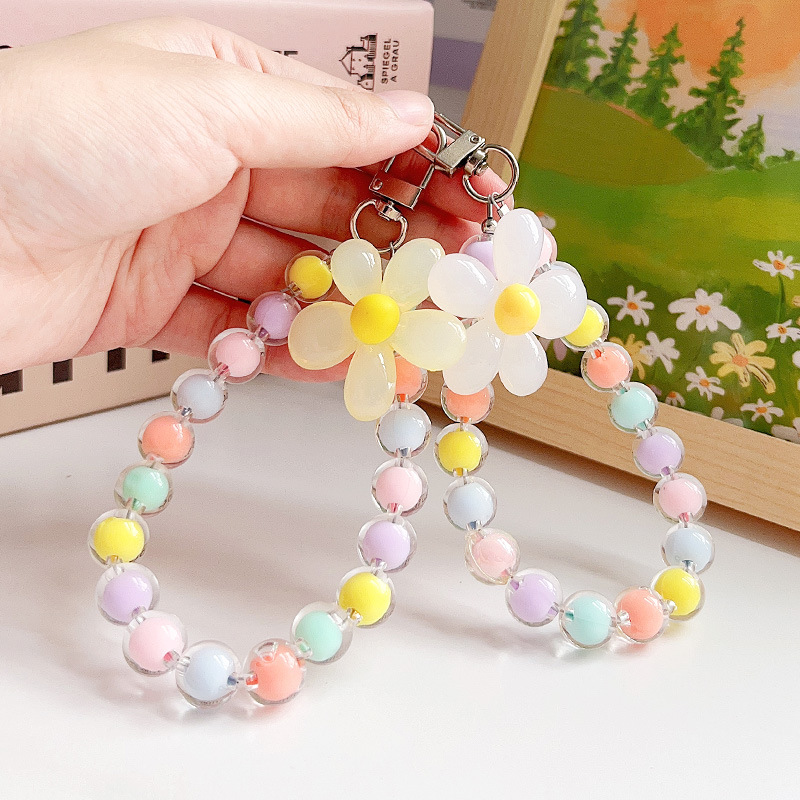 New Ins Style Handmade Beaded Macaron Beads in Beads Flower Mobile Phone Lanyard Keychain Wrist Rope Trendy Style