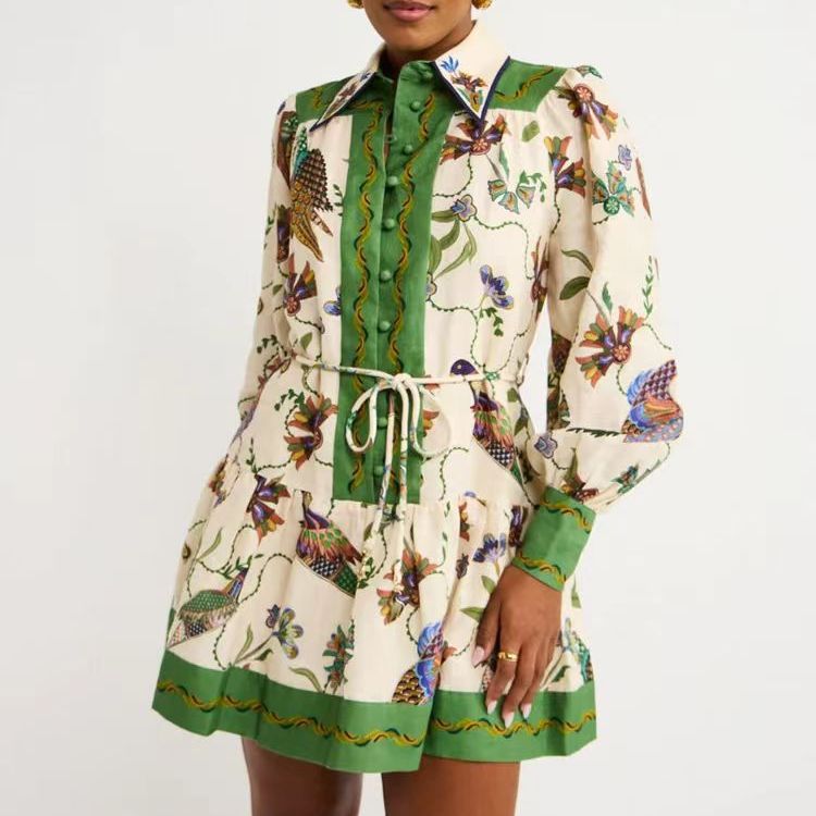 European and American cross-border 2023 AliExpress independent station single-breasted long lantern sleeve graffiti printed lace-up waist dress