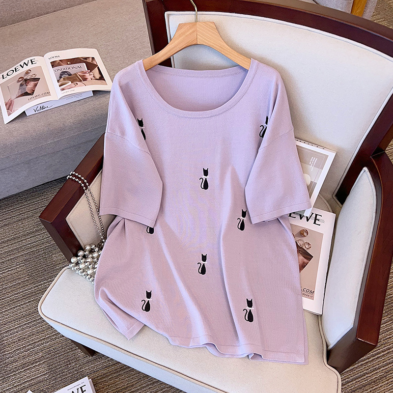 Large size women's summer ice silk knitted jacket fat sister slim 200/300kg short sleeve T-shirt 8188