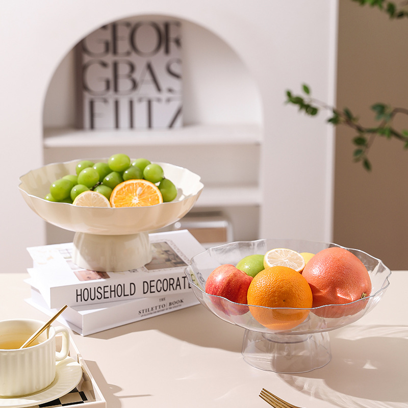 Desktop cream style fruit plate plastic plate large capacity draining high leg fruit snack fruit plate silver-plated edge fruit plate