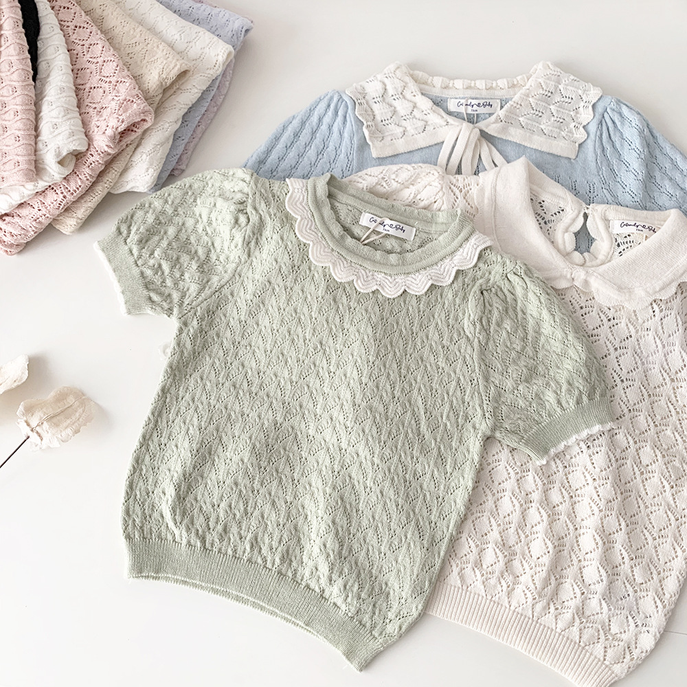 Cutemily summer girls' hollow-out knitted T-shirt contrast color breathable cotton short sleeve round neck lapel T-shirt