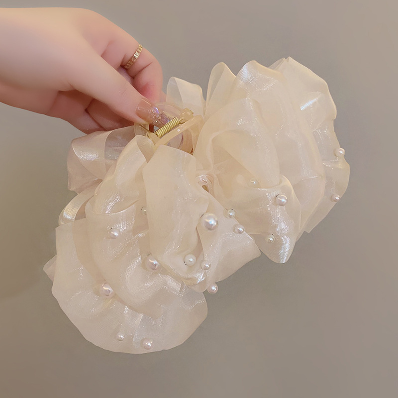 2023 New Bubble Mesh pearl clip female temperament multi-layer bow oversized back head shark clip_voghion.com