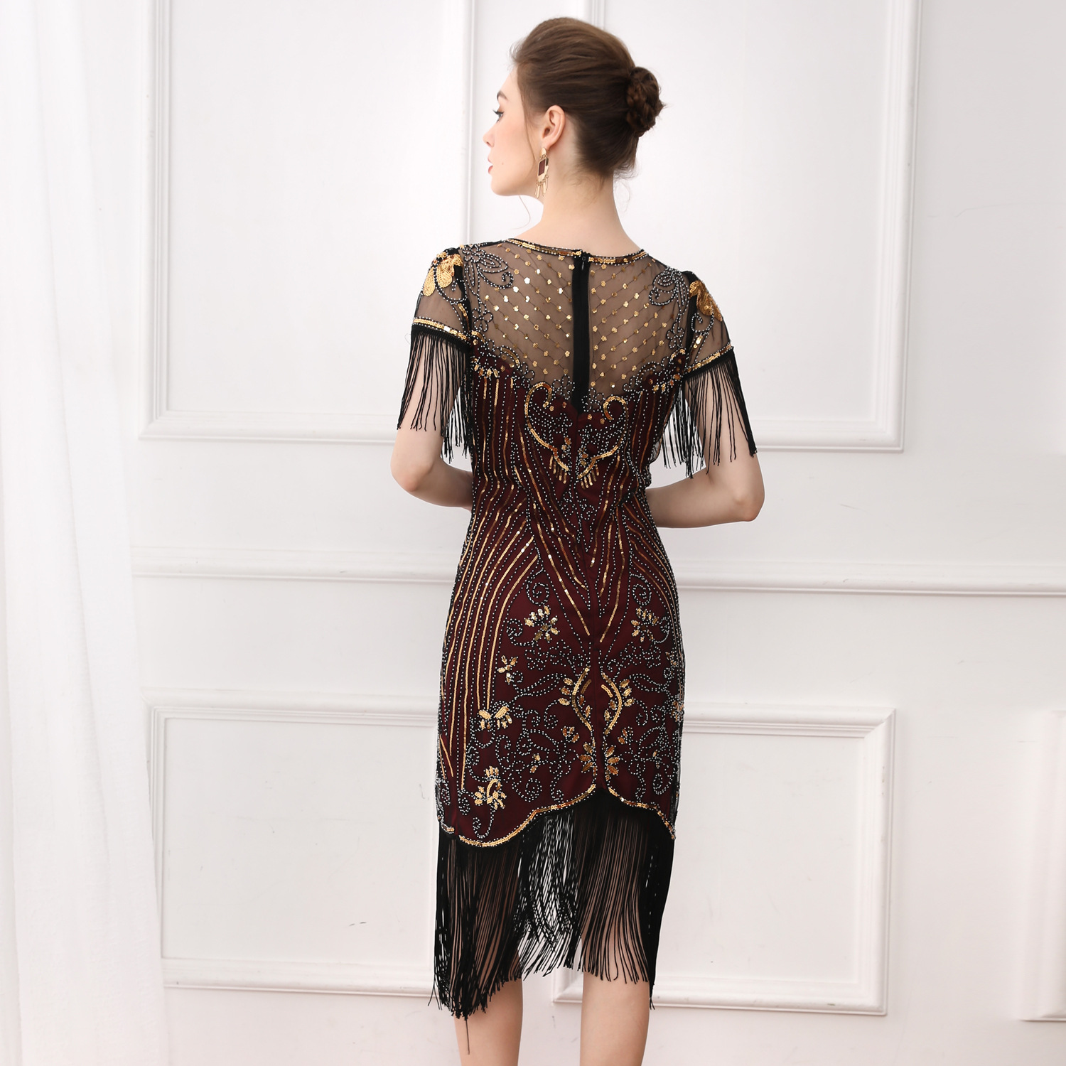 1920s Retro Dance Party Embroidered Tassel Dress Cocktail Party Plus Size Sequin Beaded Mesh Dress