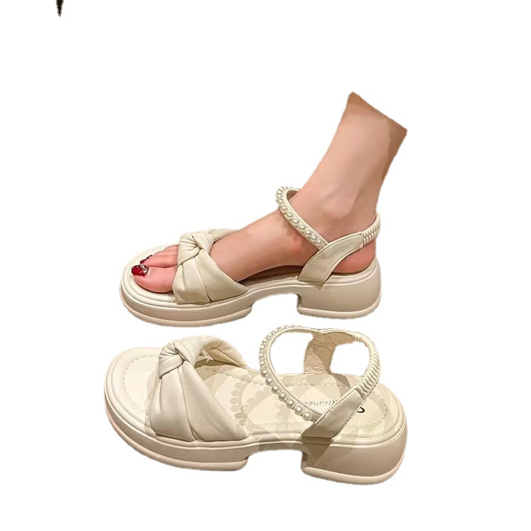 Foreign Trade Thick Bottom Bow Sandals 2023 Summer New Horseshoe Heel Pearl Fairy Style Sandals Outer Wear Single-layer Shoes for Women