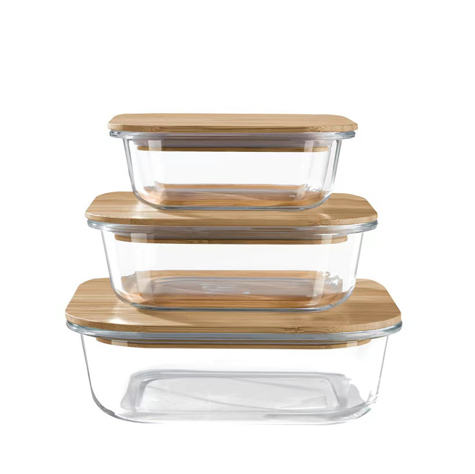 竹木盖玻璃保鲜盒木盖玻璃碗冰箱密封午餐盒高硼硅玻璃碗保鲜饭盒