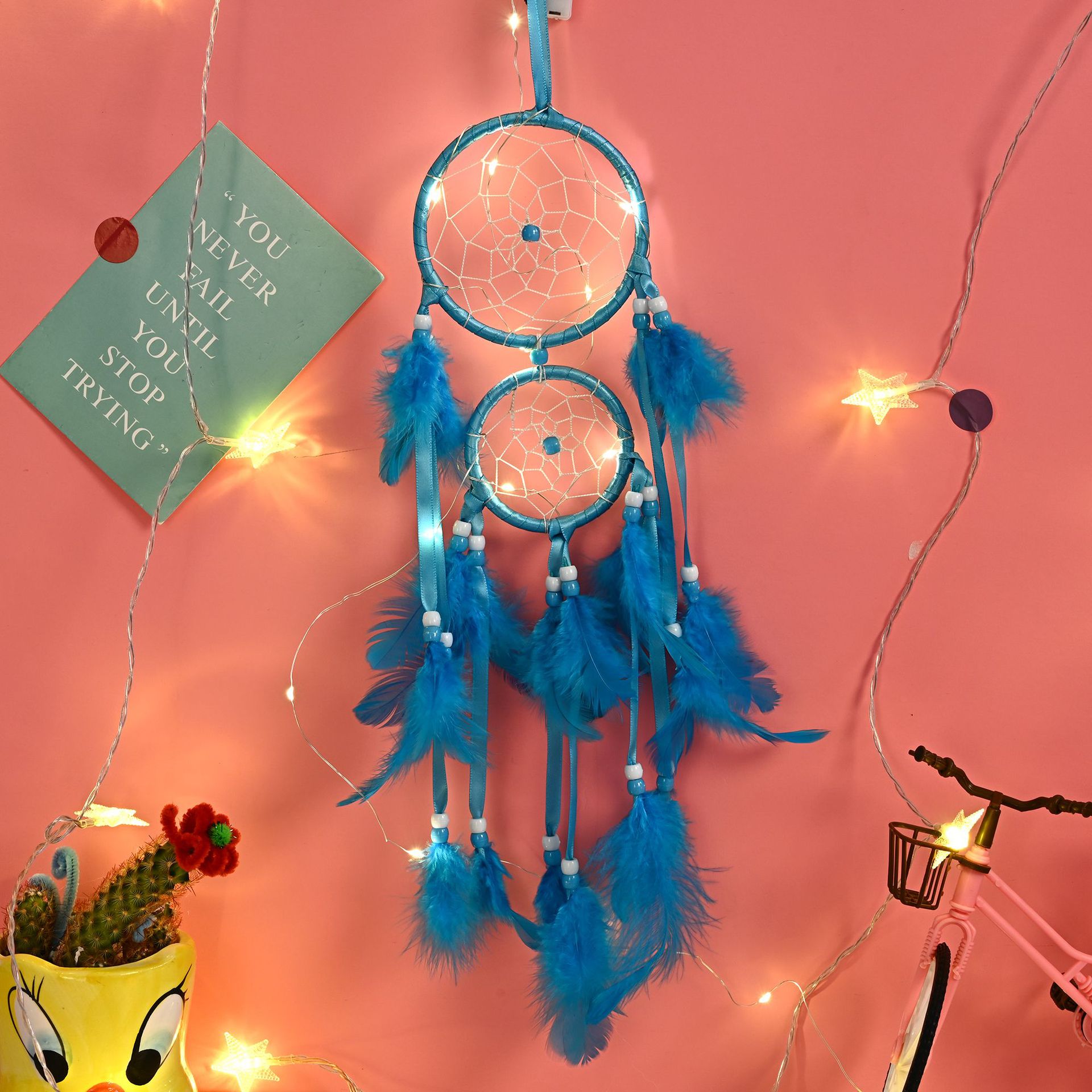 Creative double ring dream catcher home wall decoration pendant small fresh feather decoration car interior holiday gift