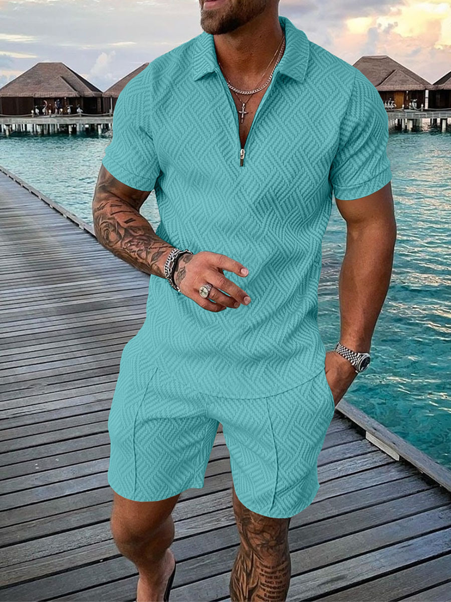 2022 cross-border European and American men's new independent station supply casual contrast color POLO zipper turtleneck short sleeve suit