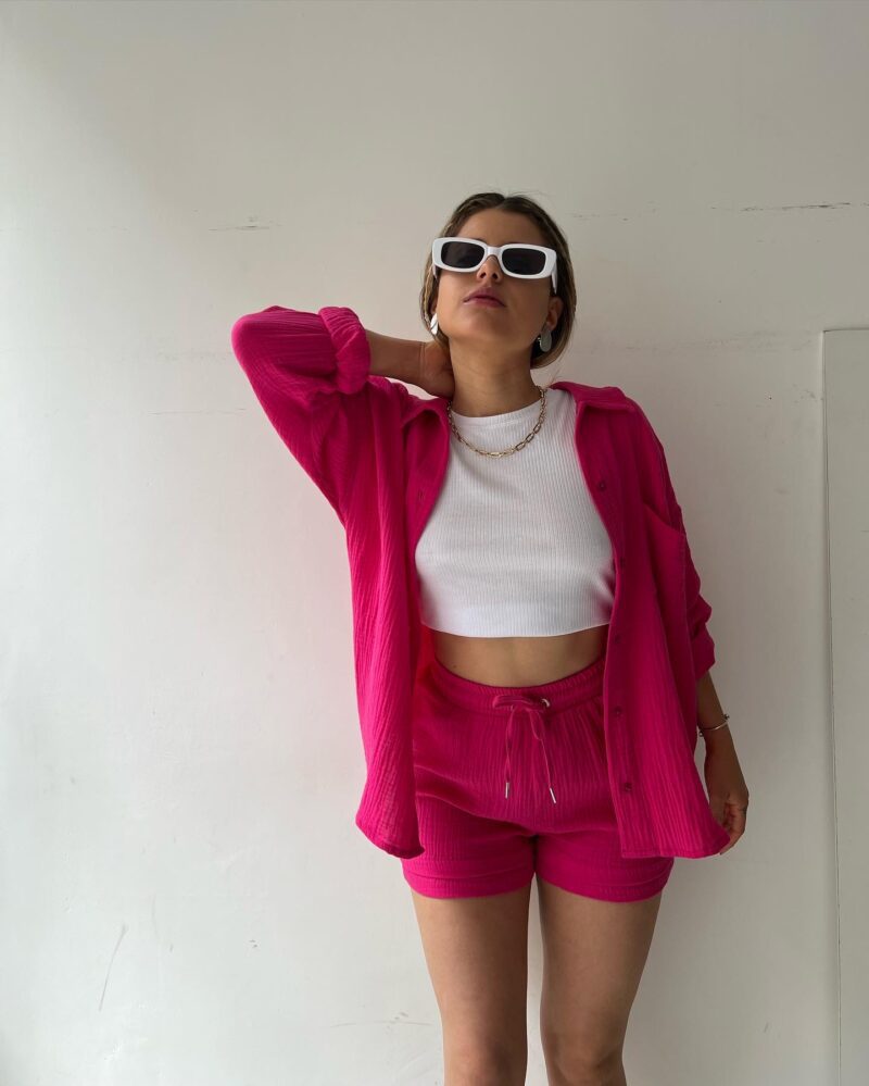 2023  European and American Women's Wrinkled Lapel Long Sleeve Shirt High Waist Drawstring Shorts Fashion Casual Two-Piece Set_voghion.com