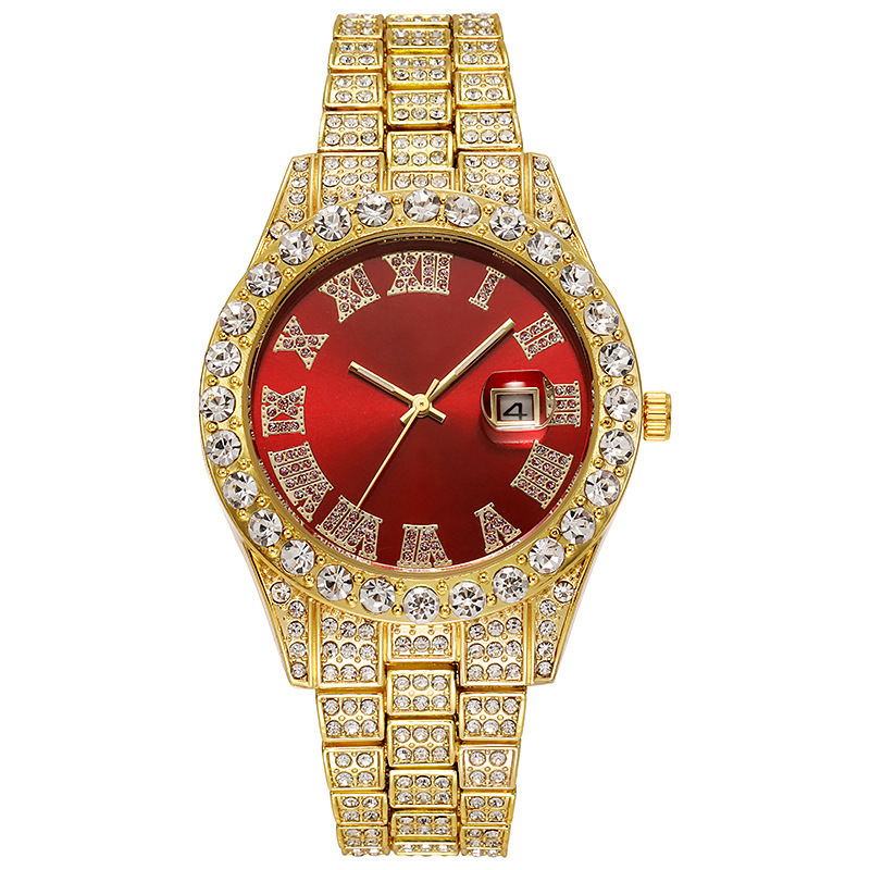 new water ghost big rhinestone Diamond Men's Watch Roman scale calendar hip-hop watch men's gold watch Green full diamond_voghion.com