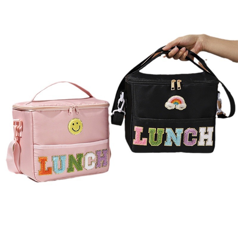 Towel Embroidered Letters Outdoor Large Capacity Crossbody Shoulder Picnic Bag Camping Picnic Travel Thermal Insulation Portable Lunch Bag